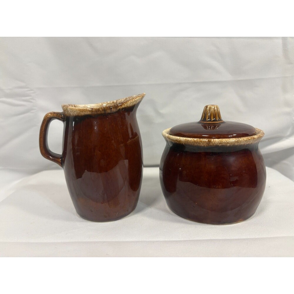 Vintage HULL POTTERY Brown Drip Sugar Bowl & Creamer Set - Oven Proof - USA